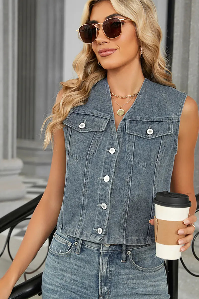 Slim Fit Denim Gilet Top met Knopen