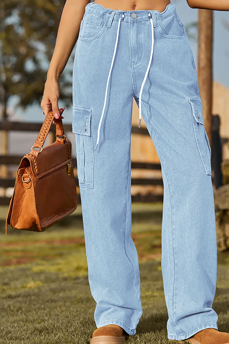 Adjustable Drawstring Washed Denim Cargo Pants