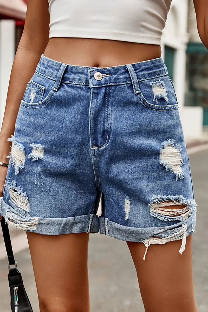 Vintage omgeslagen gescheurde klassieke denim shorts