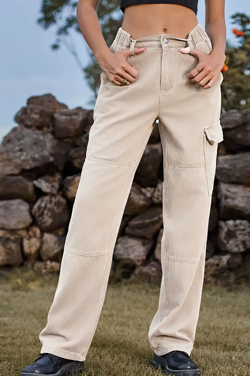 Elastic Waist Relaxed Fit Denim Cargo Pants