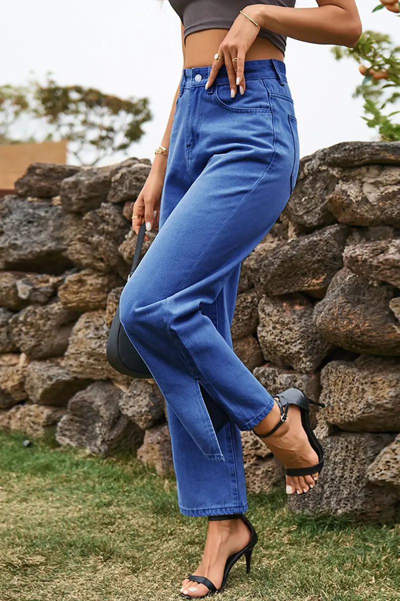 Trendy Split-Hem Washed Denim Pants