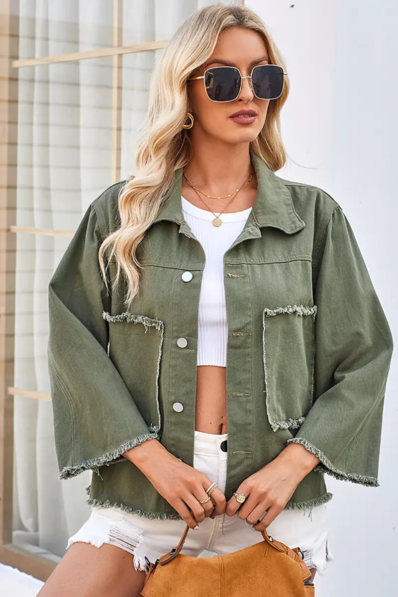 Washed Loose-Fit Army Green Denim Jacket