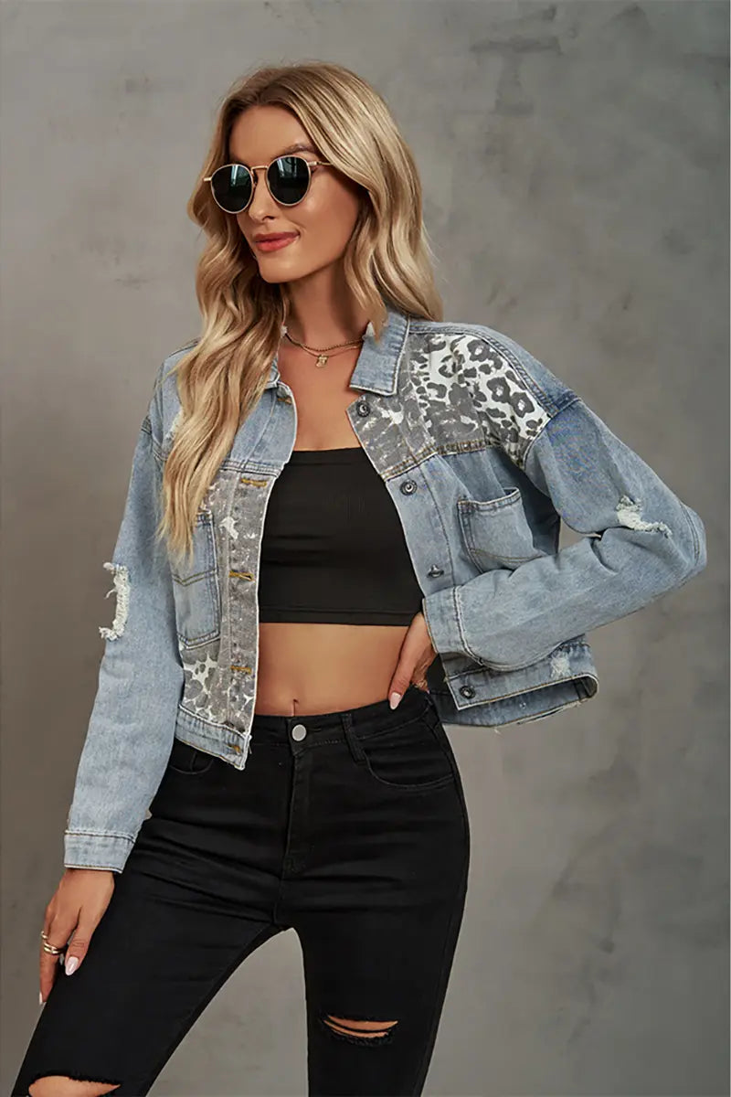 Leopard Print Denim Patchwork Jacket