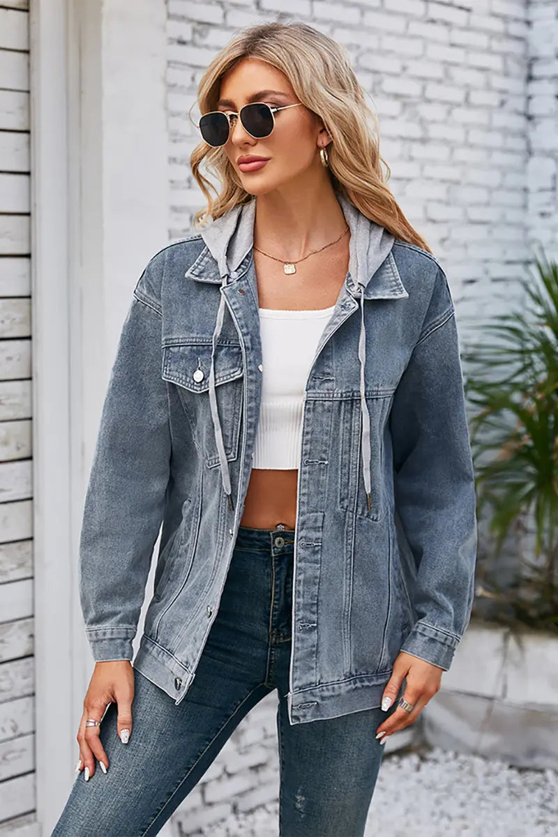 Loose Fit Mid-Length Hooded Denim Jacket