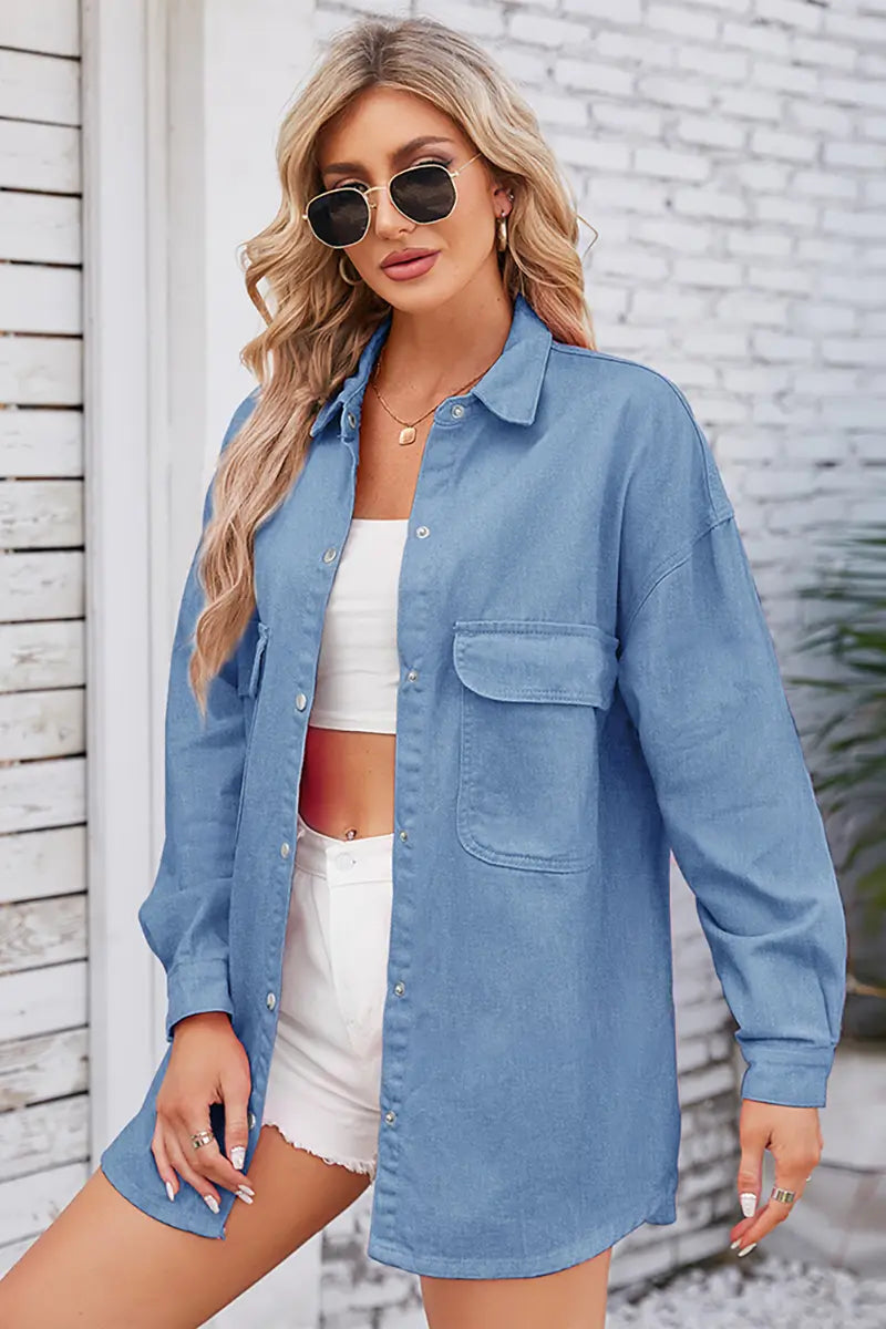 Lente Loszittend Denim Overhemd met Lange Mouwen