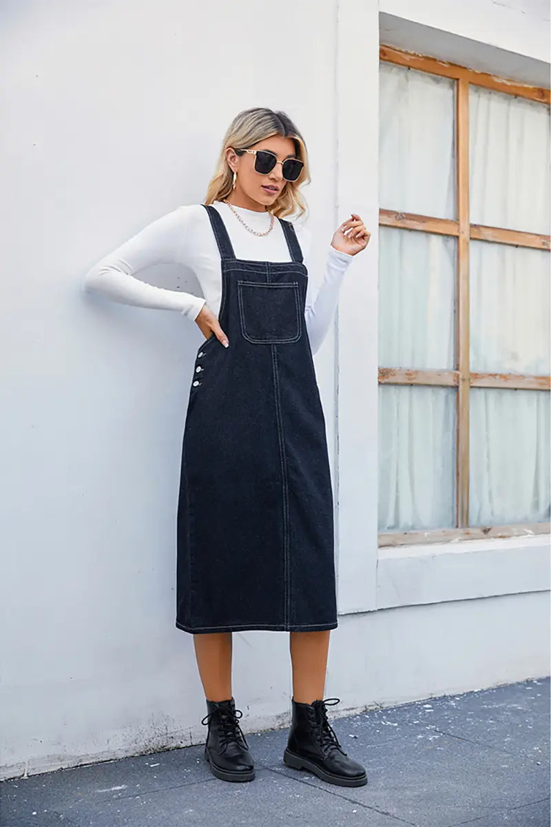 Trendy denim salopetjurk midi rok