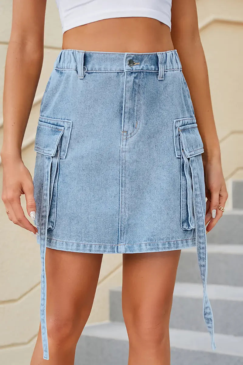 Elastic Waist Tie Denim Cargo Skirt