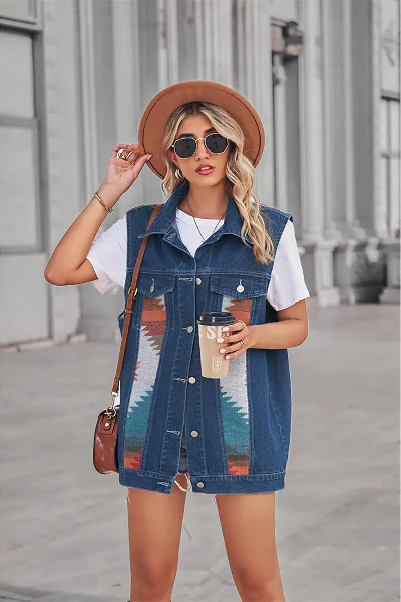 Retro Geometric Patchwork Denim Vest