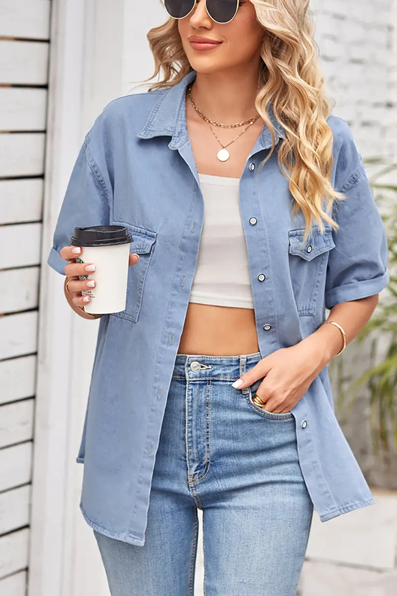 Slim Fit Korte Mouw Denim Overhemd met Knopen