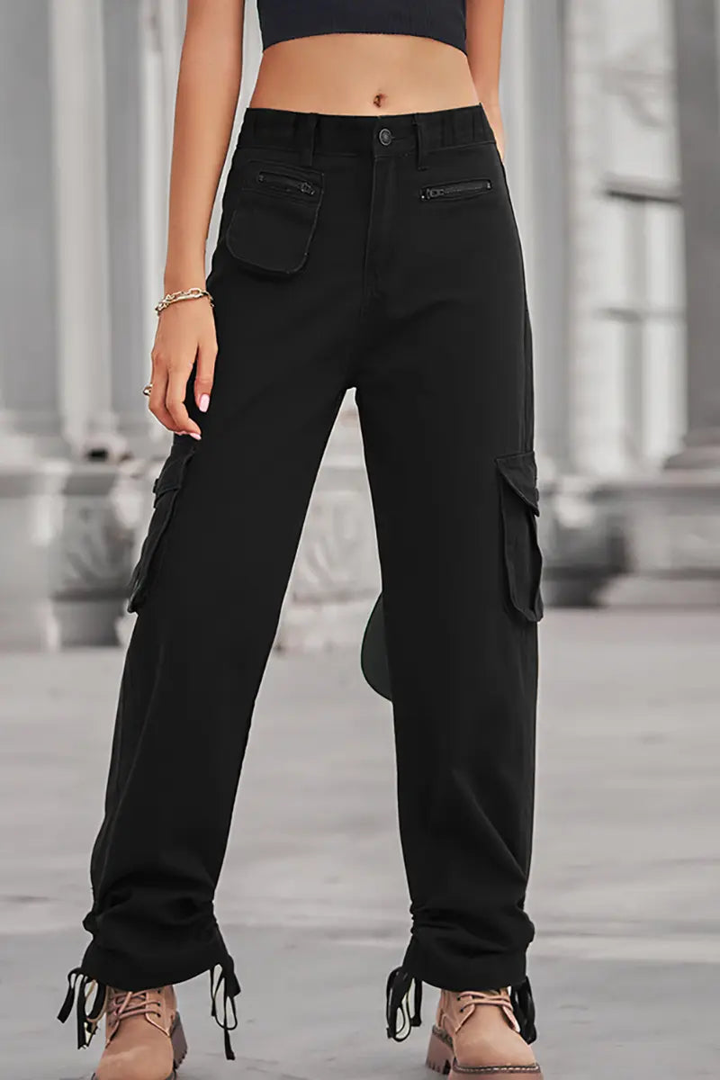 Casual Zipper Pocket Drawstring Denim Cargo Pants