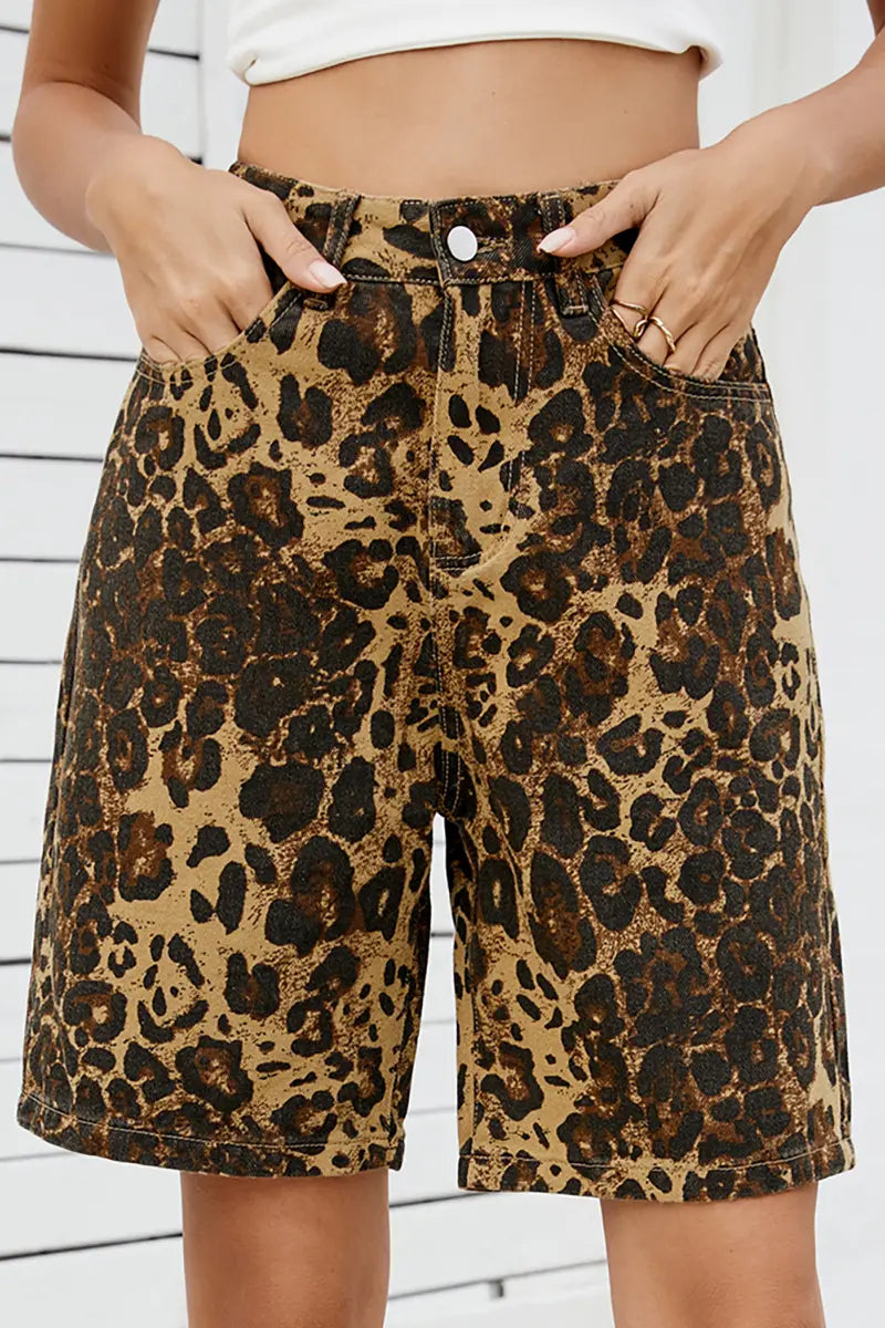 Vintage luipaardprint slankmakende denim shorts