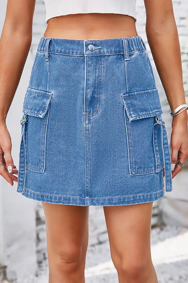 Trendy Washed Denim Utility Skirt