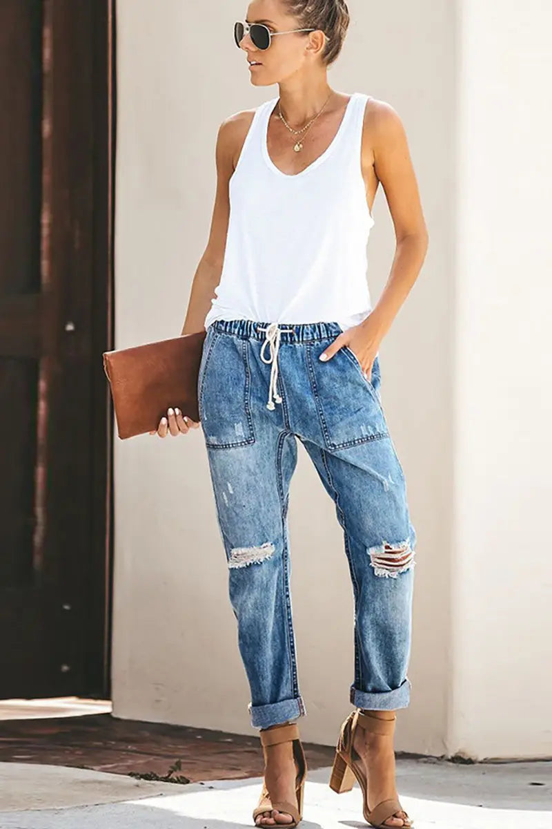 Autumn Drawstring Ripped Denim Pants