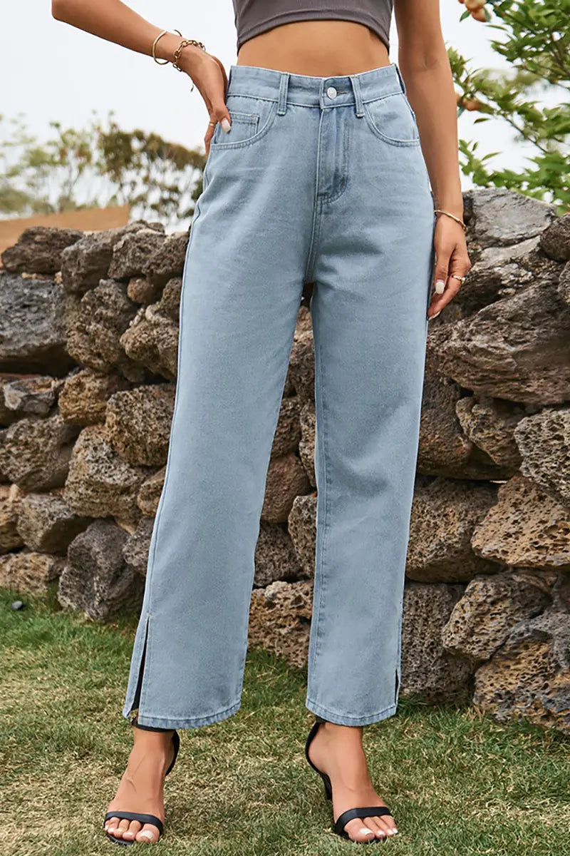 Trendy Split-Hem Washed Denim Pants