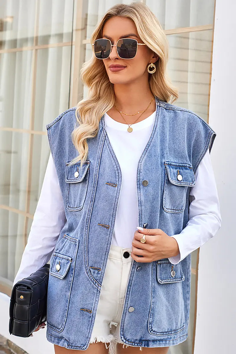 Trendy gewassen denimvest met meerdere zakken
