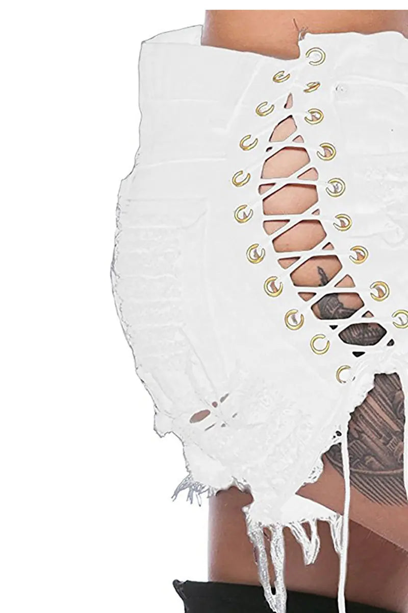 Eyelet Lace-Up Frayed Hem Denim Shorts