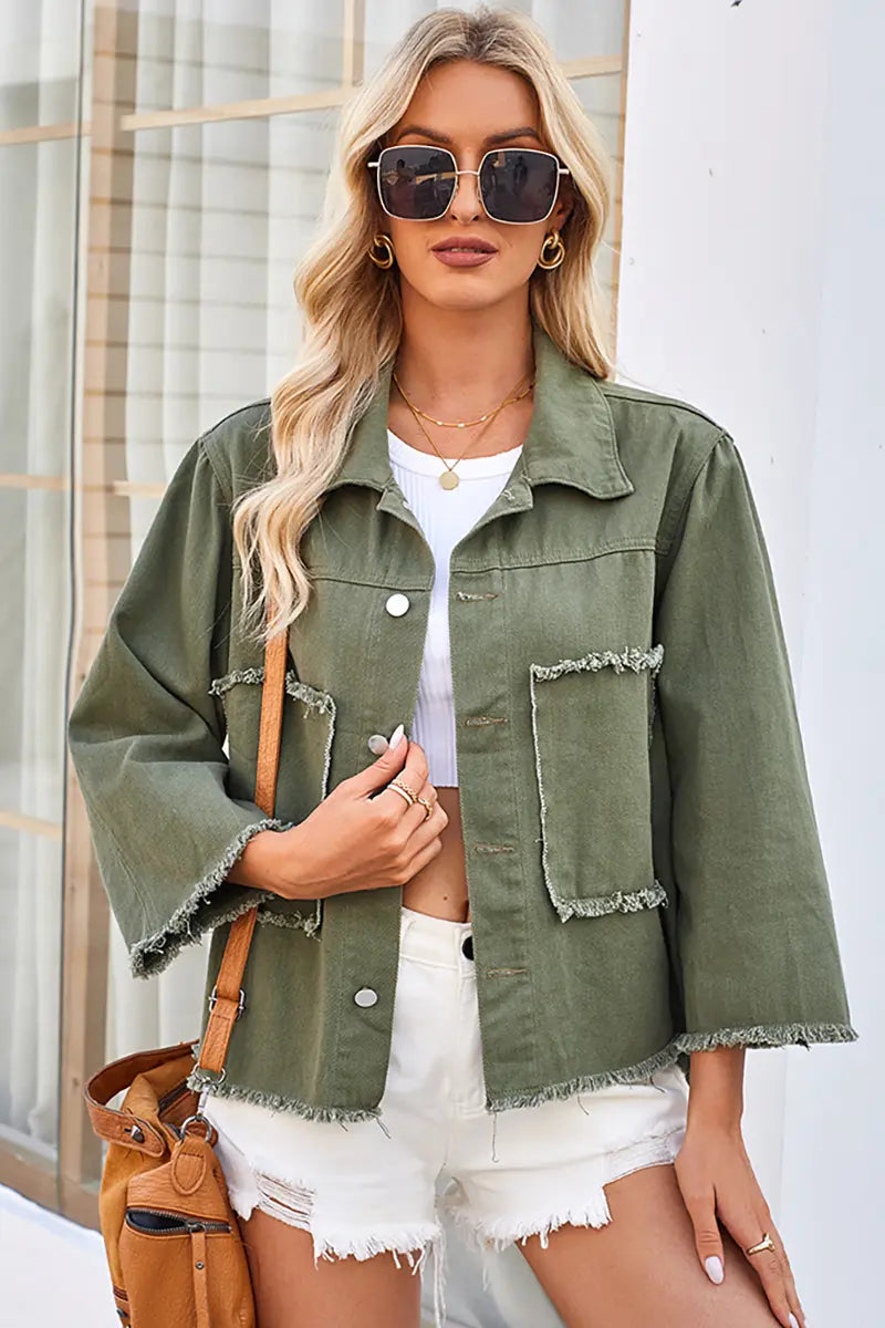 Washed Loose-Fit Army Green Denim Jacket