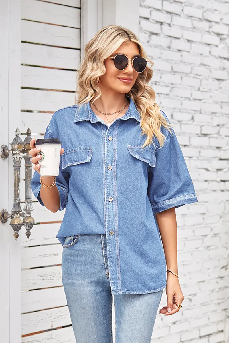 Korte mouwen casual denim overhemd met knopen