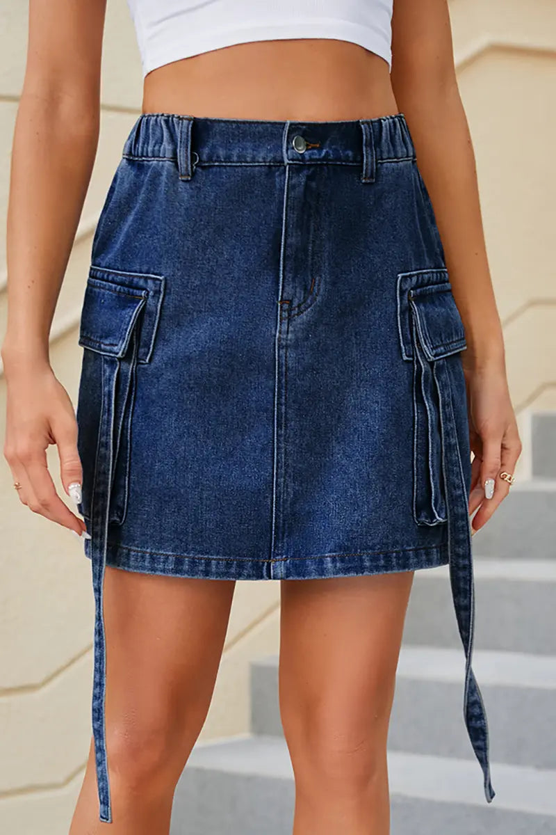 Elastic Waist Tie Denim Cargo Skirt