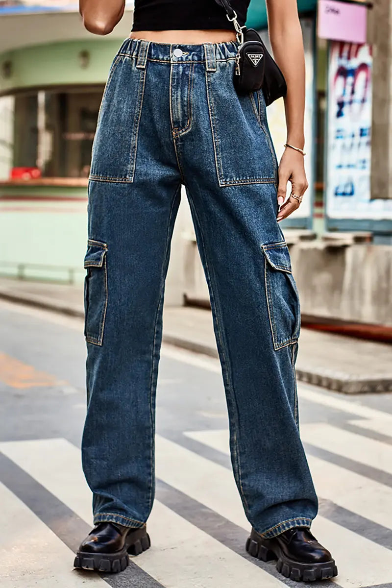 Retro Wash Elastic Waist Denim Utility Pants