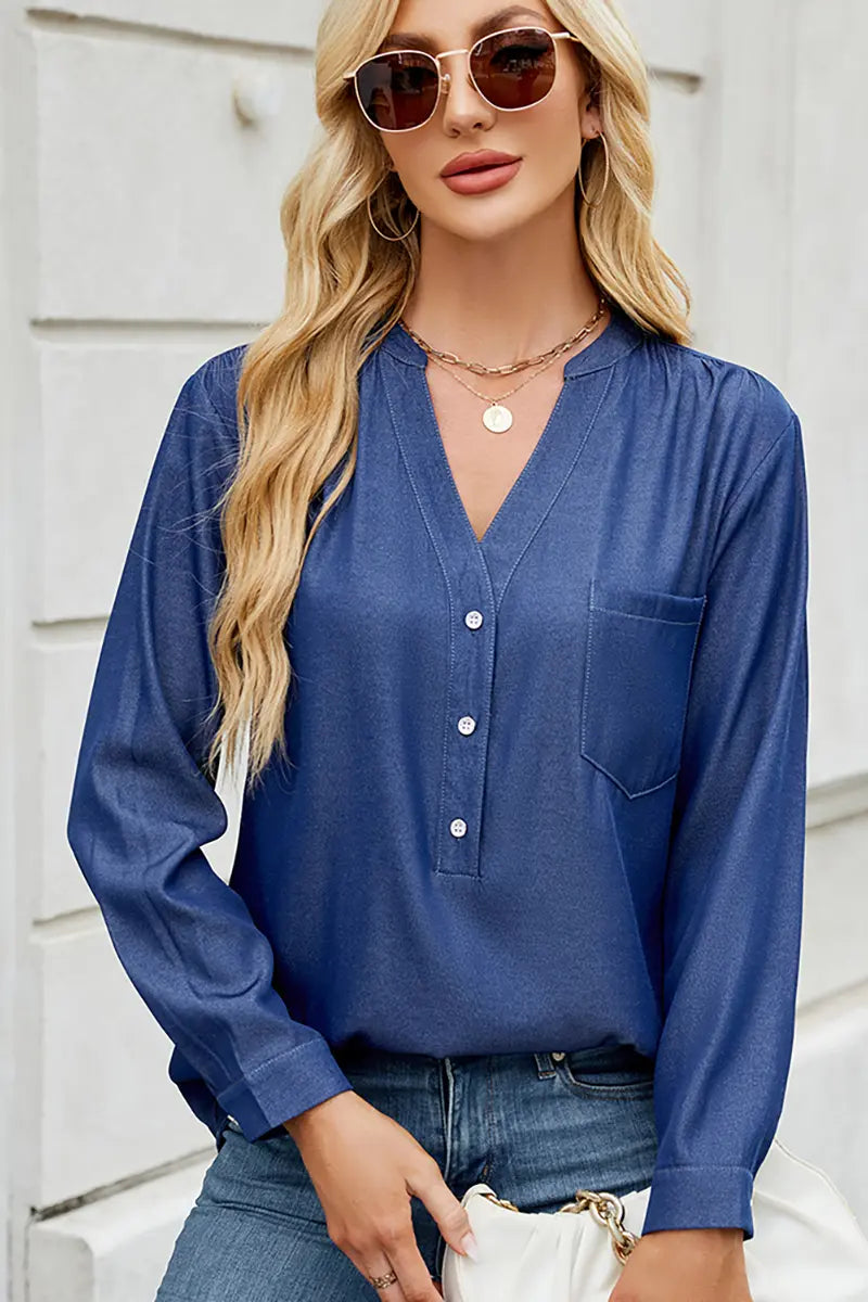 Chic Button-Down V-Neck Denim-Look Blouse