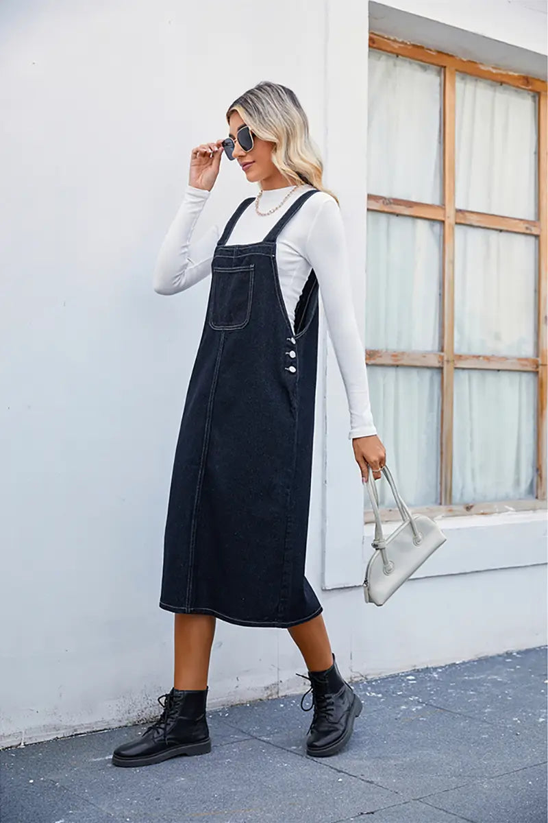 Trendy denim salopetjurk midi rok