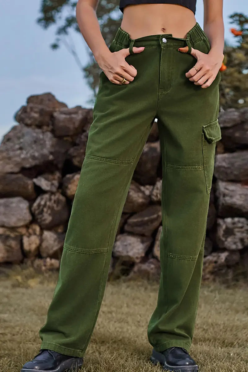 Elastic Waist Relaxed Fit Denim Cargo Pants