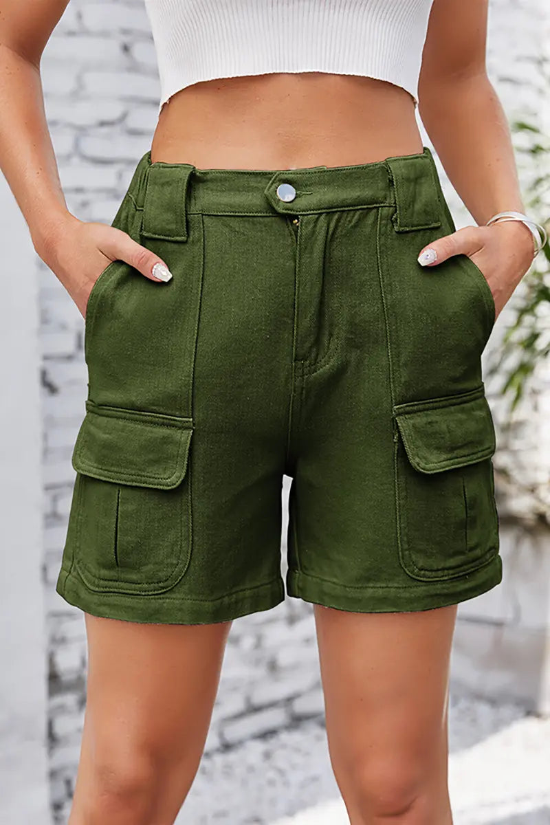 Elastic Waist Cargo Denim Shorts