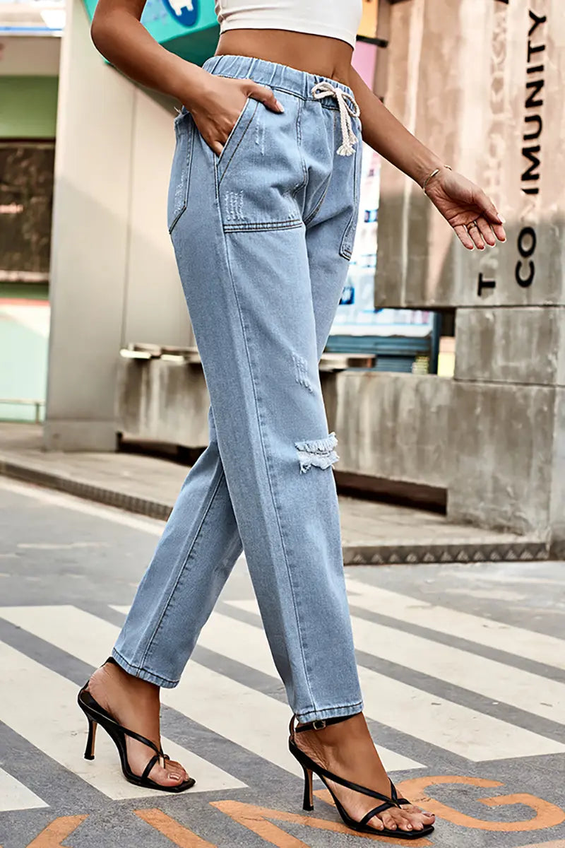 Autumn Drawstring Waist Distressed Denim Pants