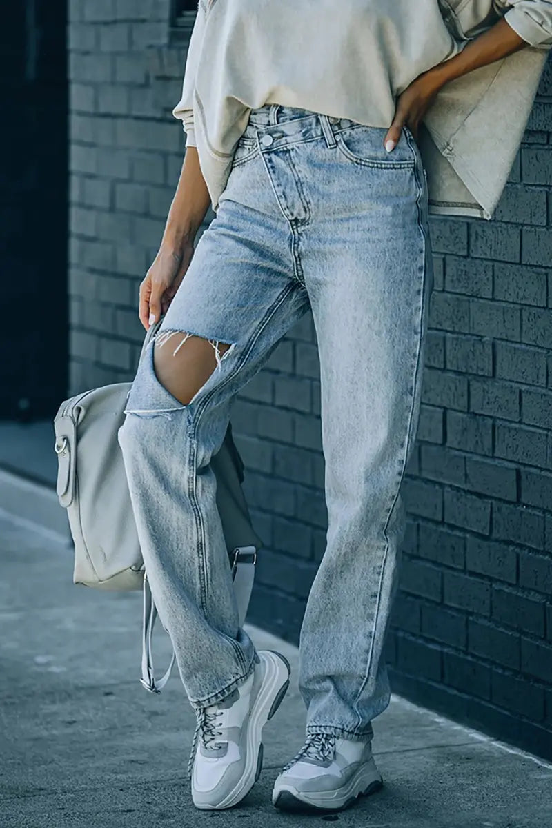 Trendy asymmetrische distressed spijkerbroek