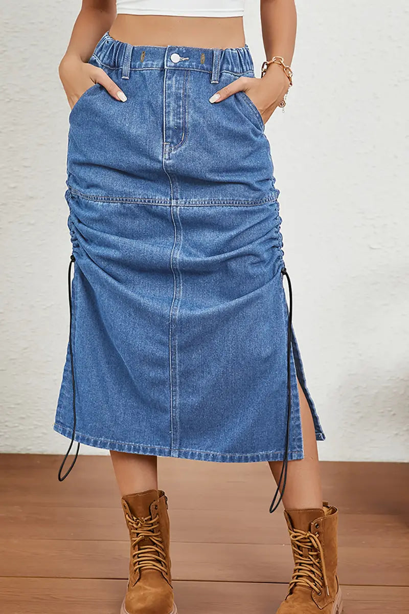 Ontspannen denim midi-rok met trekkoord