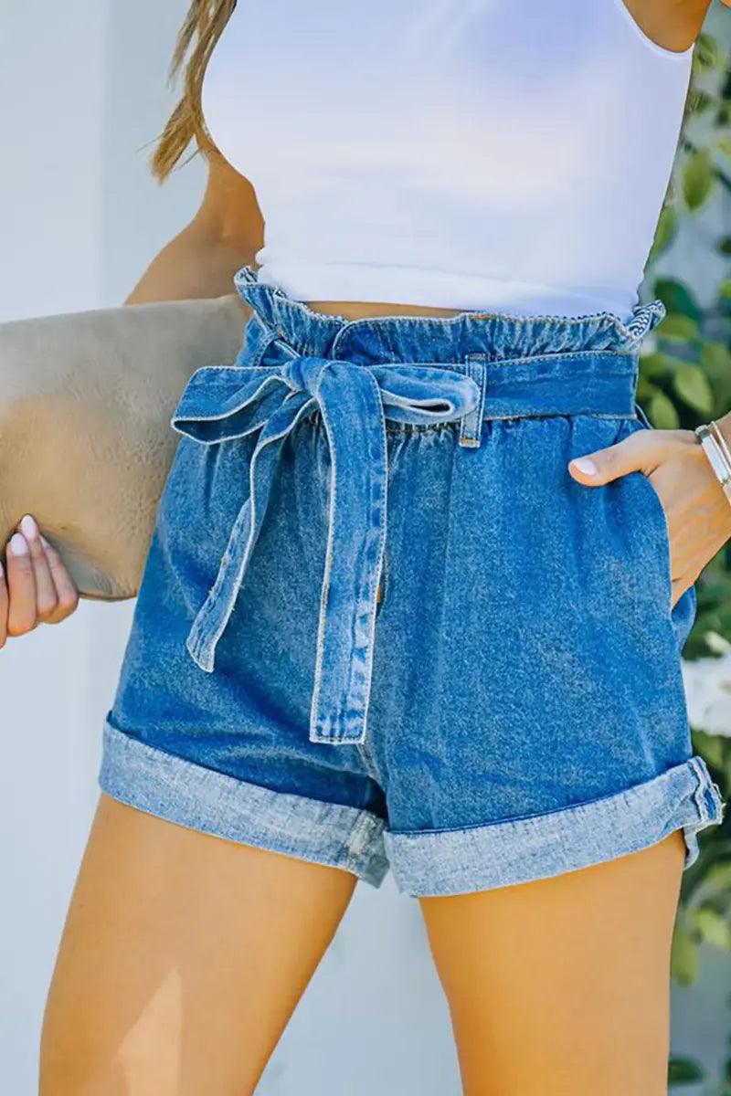 Elastic Waist Bow-Tie Slim-Fit Denim Shorts