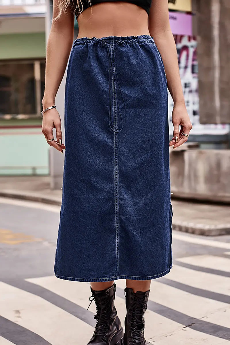 Drawstring Waist Denim Midi Skirt