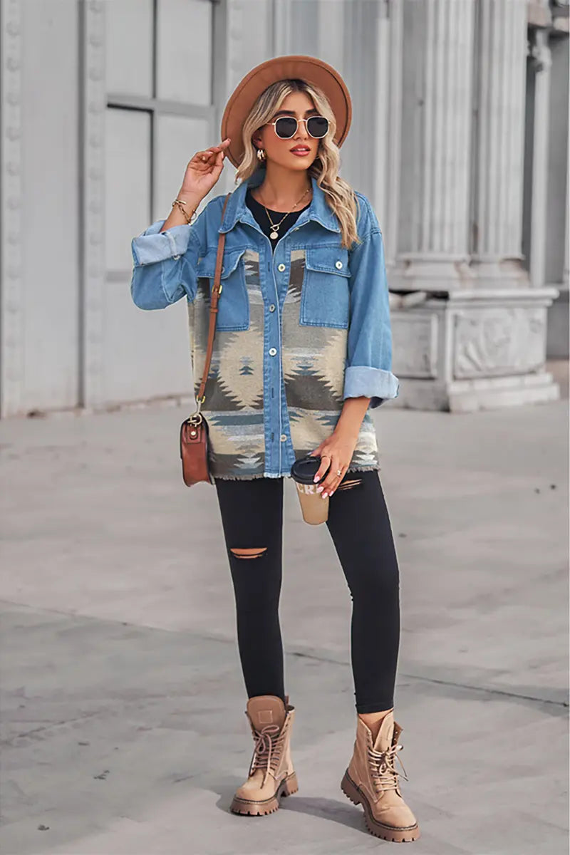 Aztec Geometric Long Denim Patchwork Wool Coat