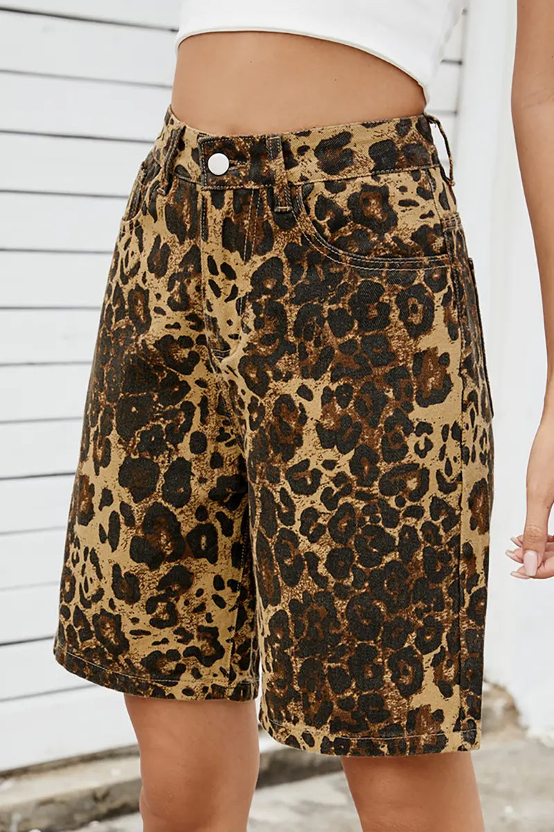 Vintage luipaardprint slankmakende denim shorts