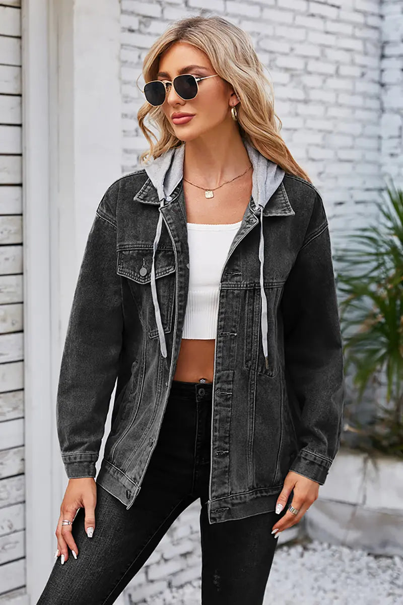 Loose Fit Mid-Length Hooded Denim Jacket