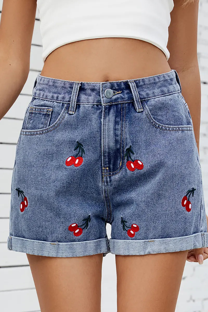 Embroidered Cherry Denim Shorts