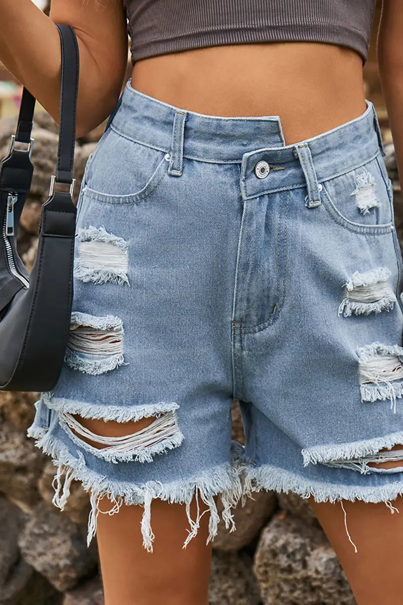 Asymmetrical Distressed Frayed Denim Shorts