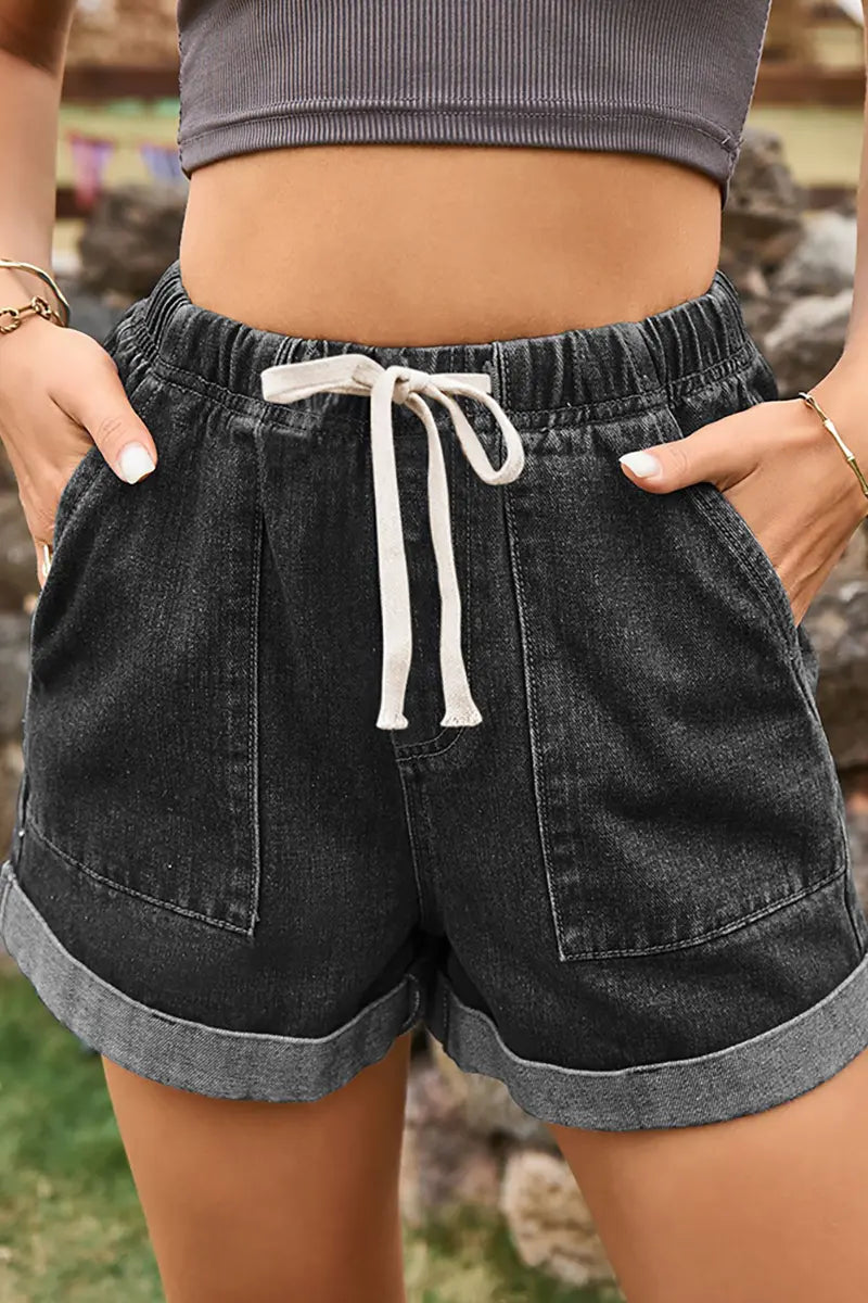 Denim shorts met opgerolde zoom en tailleband met strik