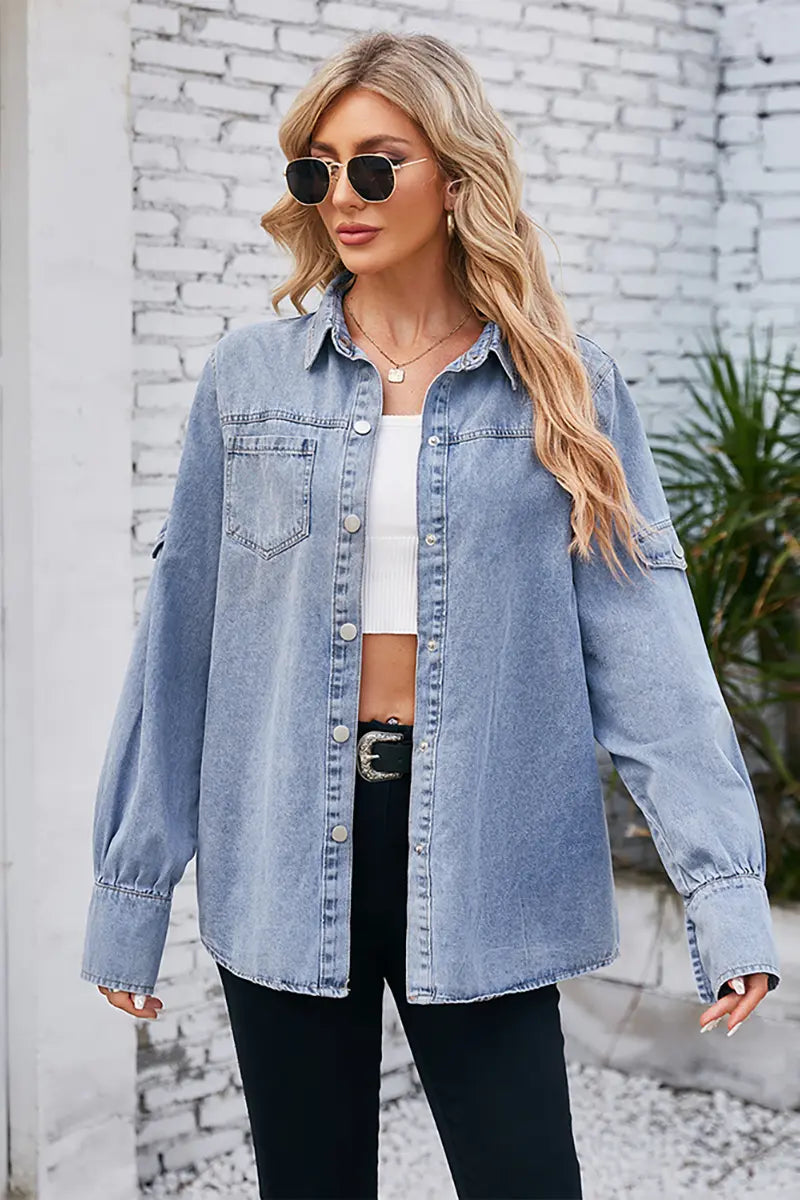 Lente denim overhemd met lange mouwen en vier knoppen