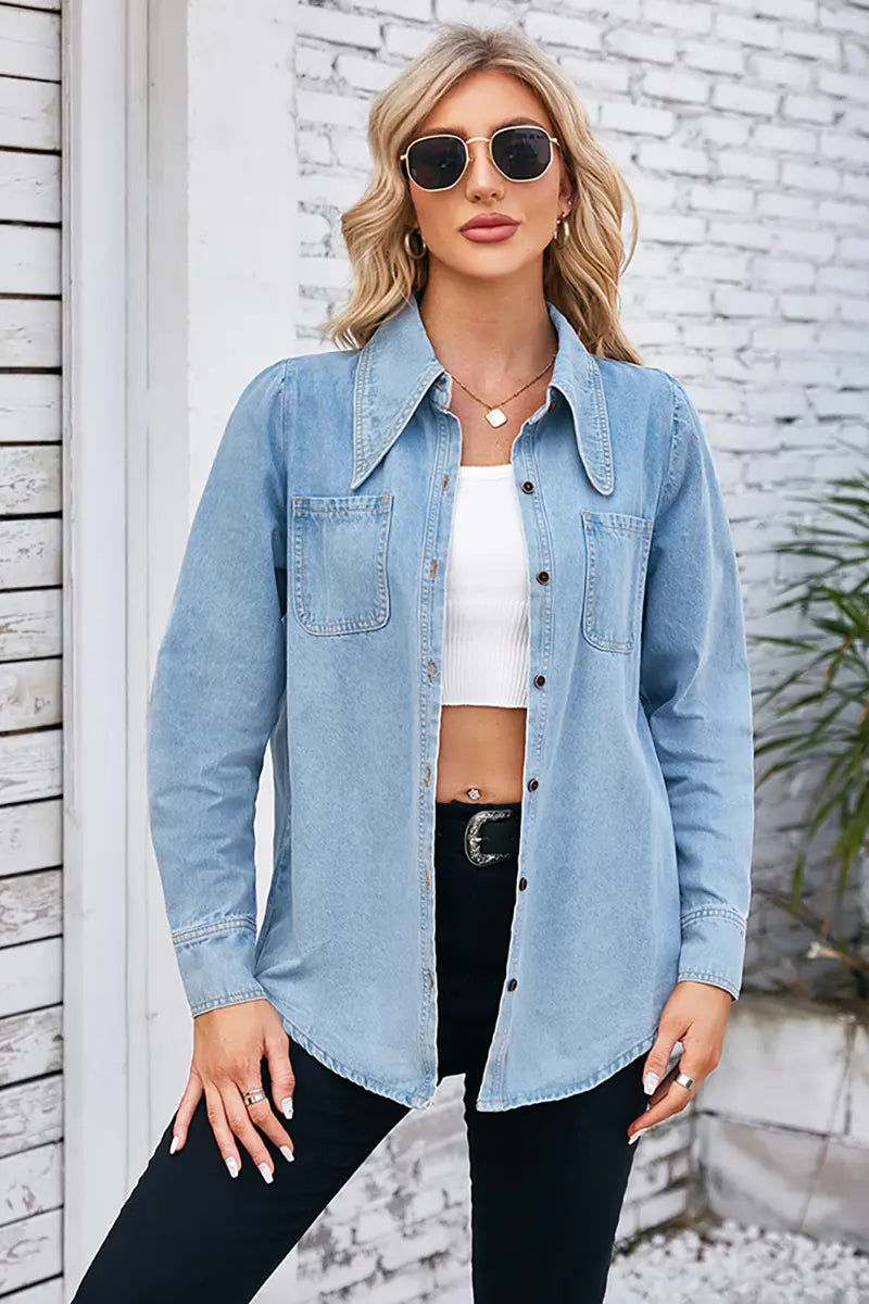 Vintage gewassen spitse kraag denim overhemd