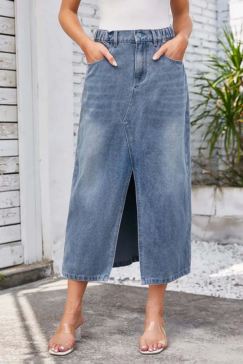 Gewassen elastische taille denim midi rok