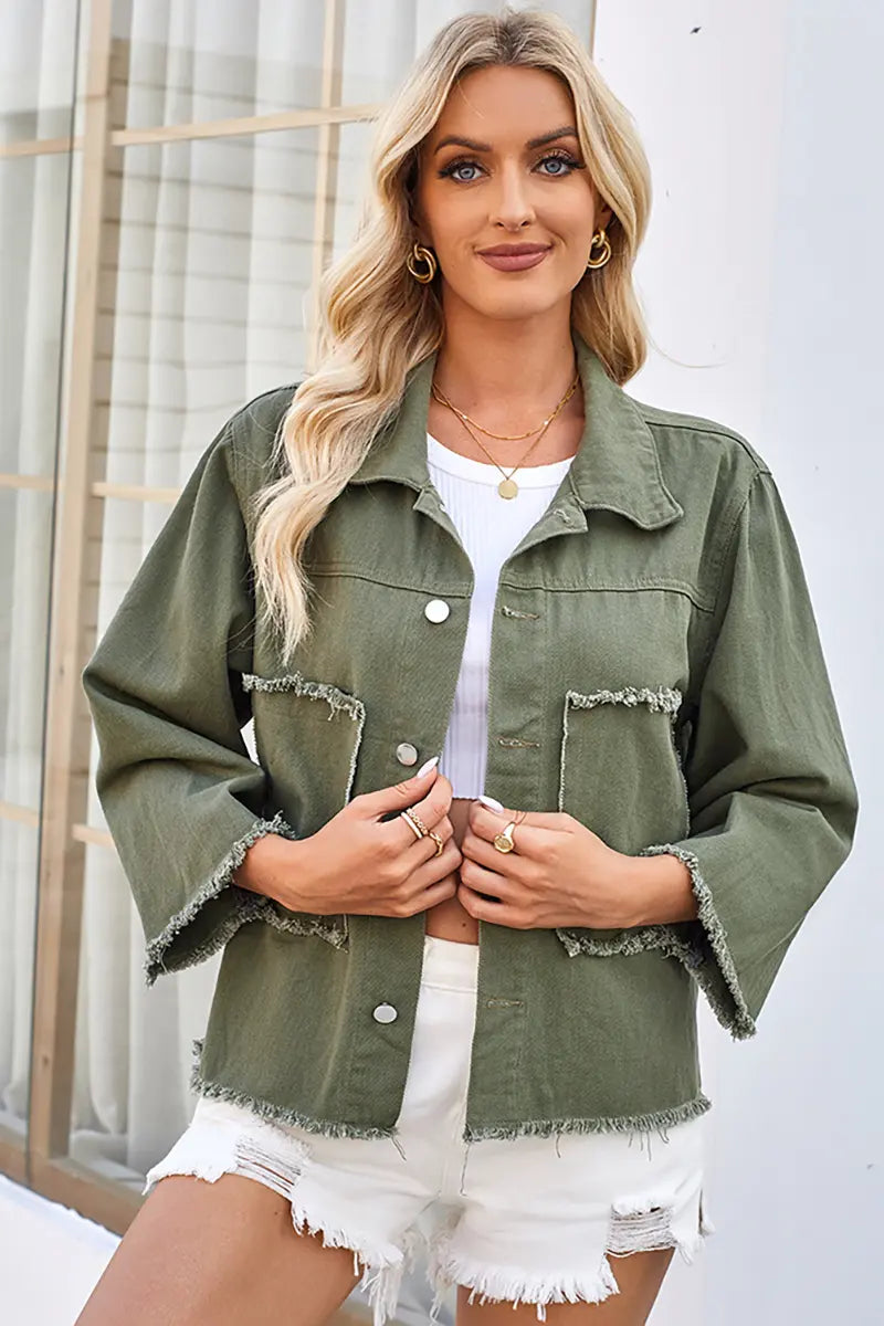 Washed Loose-Fit Army Green Denim Jacket