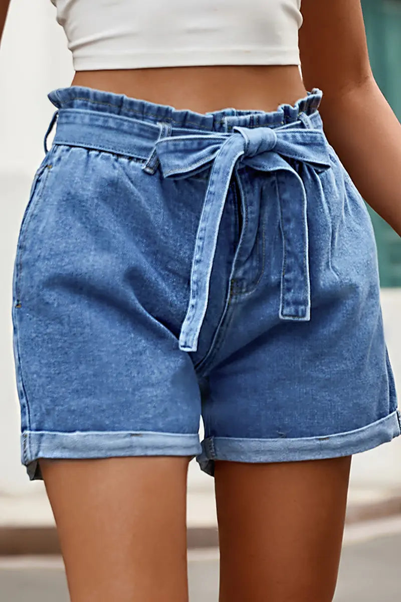High-Waist Drawstring Denim Shorts with Bow