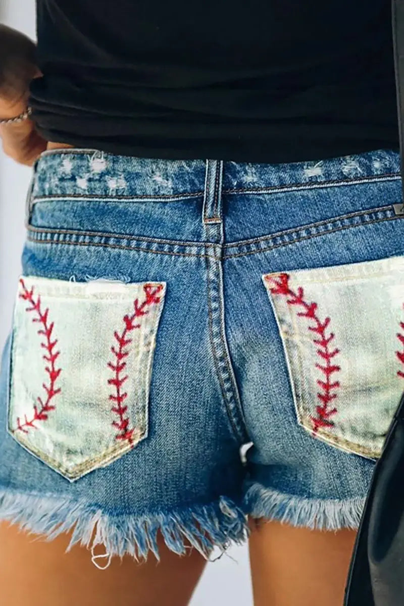 Trendy bedrukte slim-fit distressed denim shorts met knopen