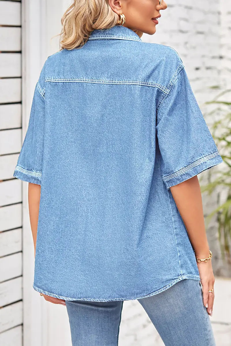Korte mouwen casual denim overhemd met knopen