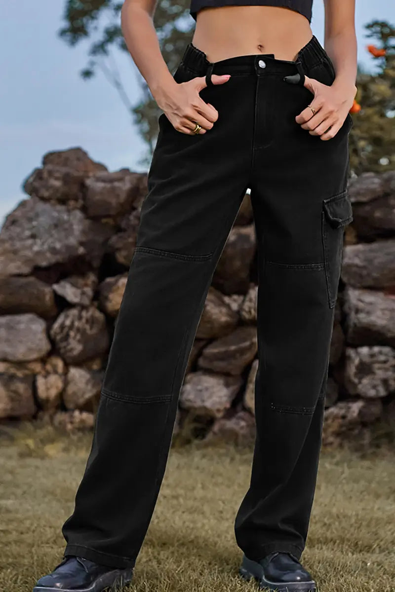 Elastic Waist Relaxed Fit Denim Cargo Pants