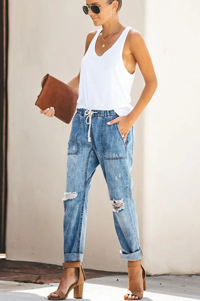 Autumn Drawstring Ripped Denim Pants