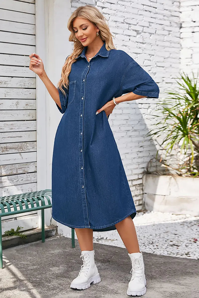 Gewassen casual denim maxi-jurk met korte mouwen