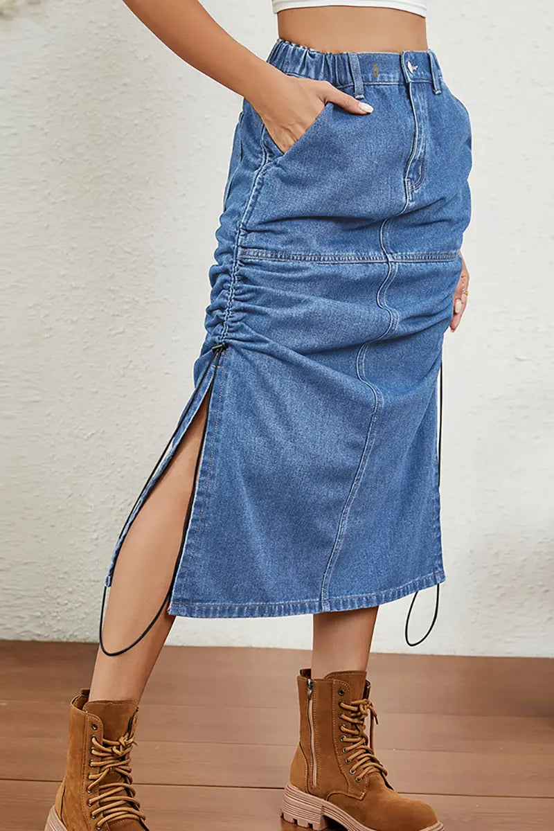 Ontspannen denim midi-rok met trekkoord